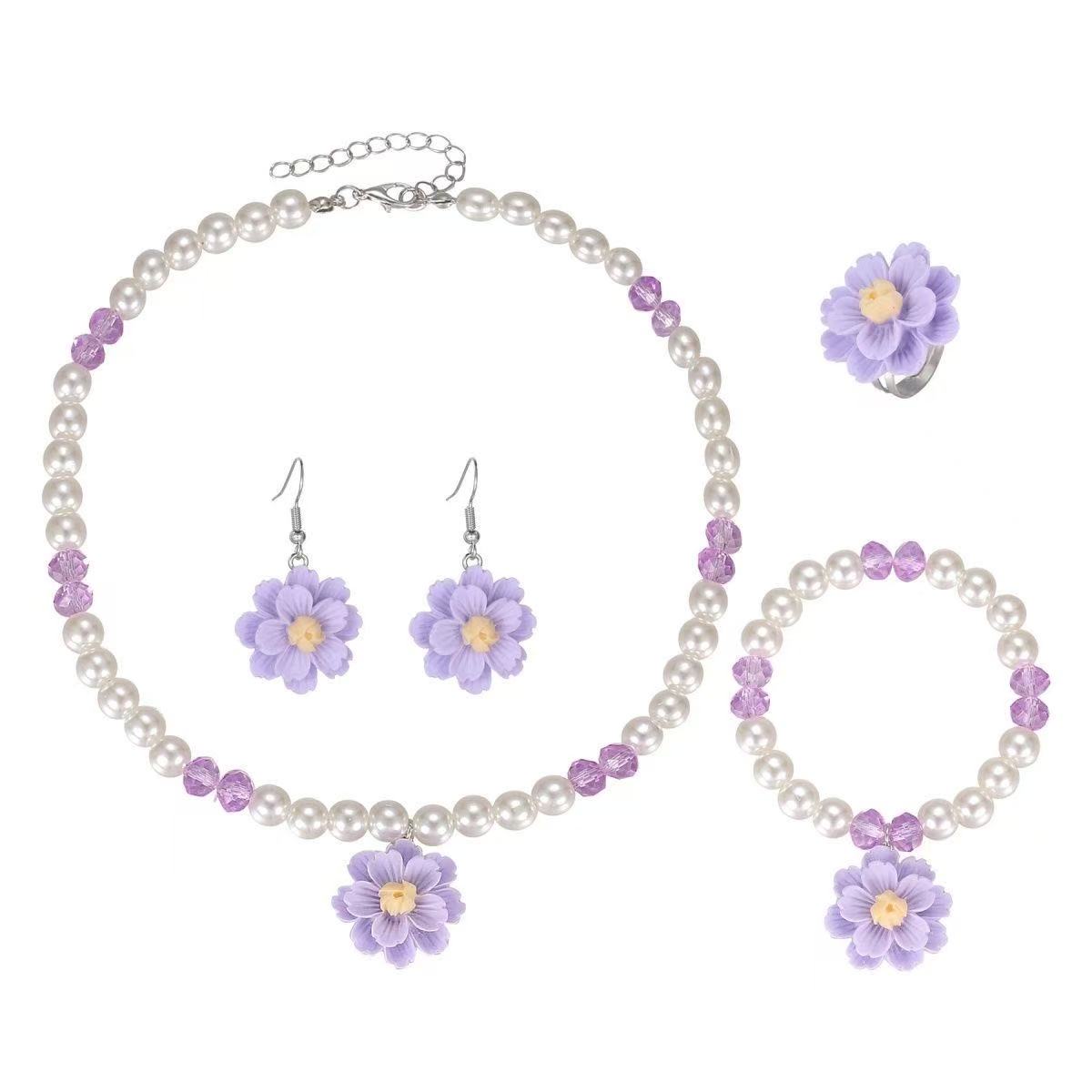 Children's Resin Necklace Set – Pearl & Flower Pendant for Girls