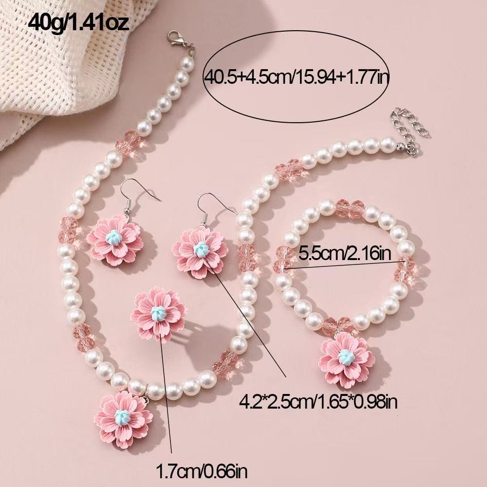 Children's Resin Necklace Set – Pearl & Flower Pendant for Girls