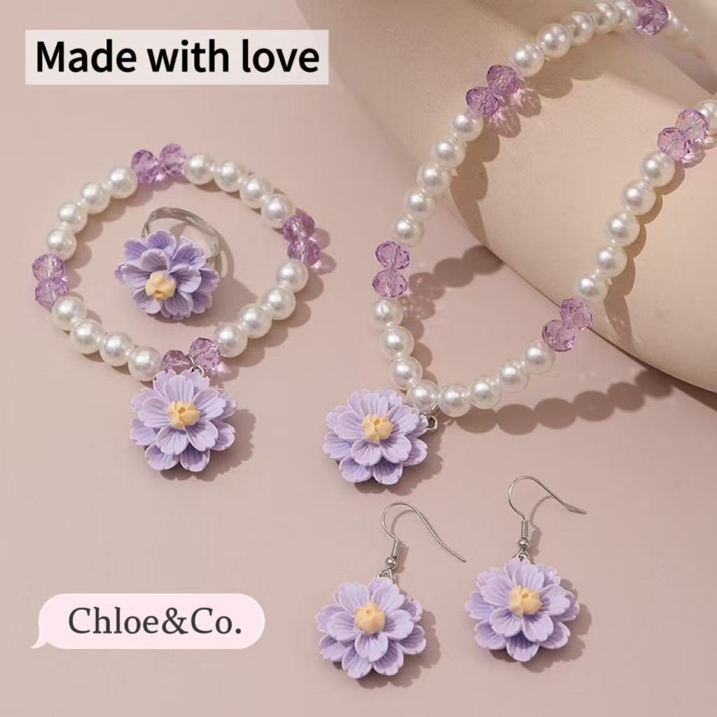 Children's Resin Necklace Set – Pearl & Flower Pendant for Girls