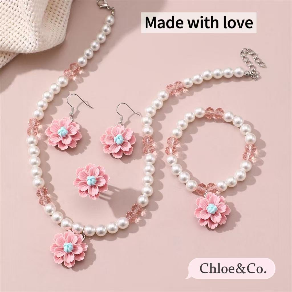 Children's Resin Necklace Set – Pearl & Flower Pendant for Girls