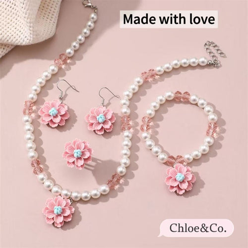 Children's Resin Necklace Set – Pearl & Flower Pendant for Girls
