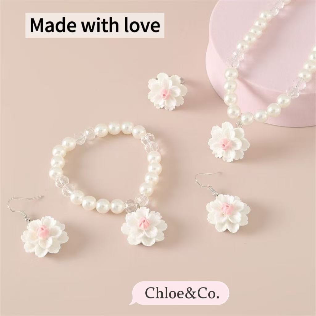 Children's Resin Necklace Set – Pearl & Flower Pendant for Girls