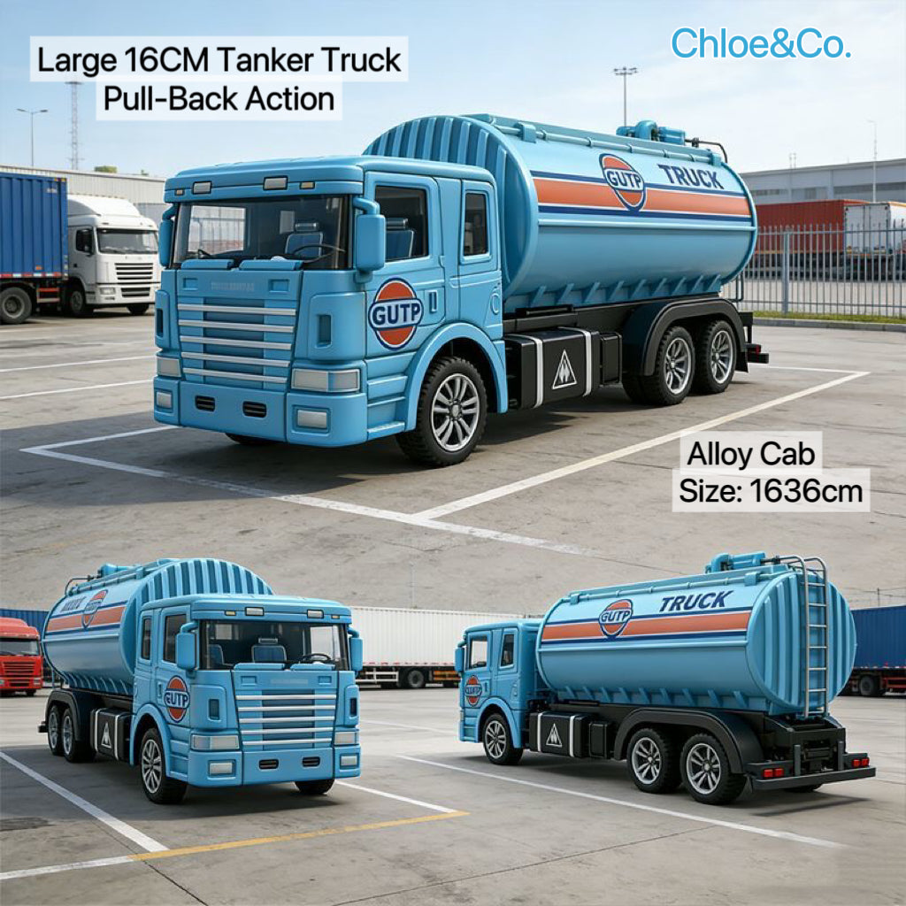 16CM Large Alloy Tanker Truck Pull-Back Toy for Kids – Friction Powered, No Battery Needed, Durable Metal Vehicle