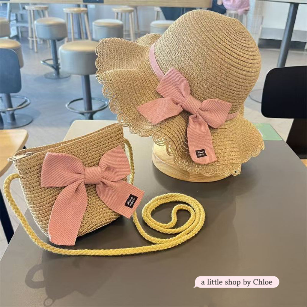 Lace Bow Straw Hat & Matching Bag Set for Girls – 1-5 Years, UPF Sun Protection (5 Colors) | Retail & Wholesale