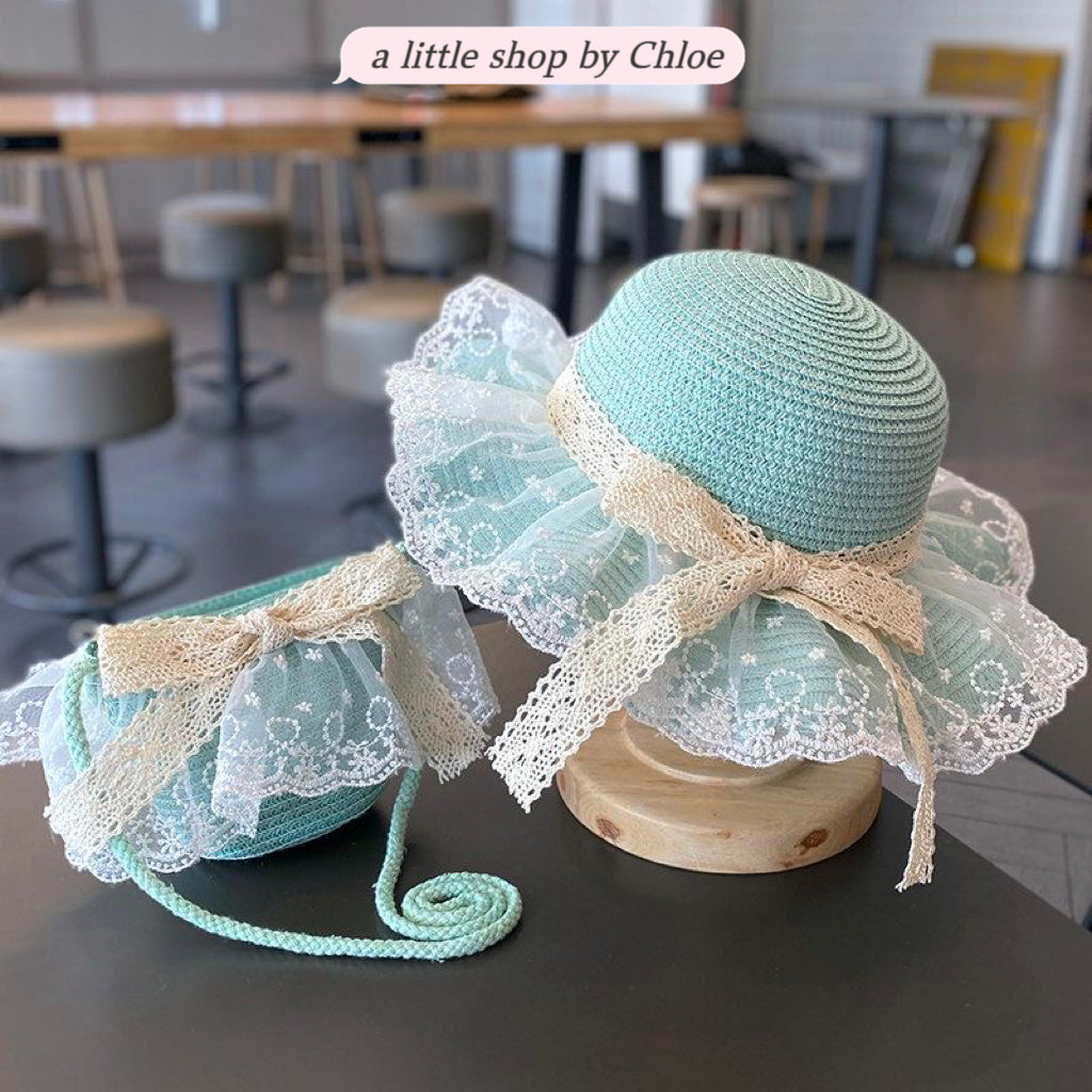 Lace Bow Straw Hat & Matching Bag Set for Girls – 1-5 Years, UPF Sun Protection (5 Colors) | Retail & Wholesale