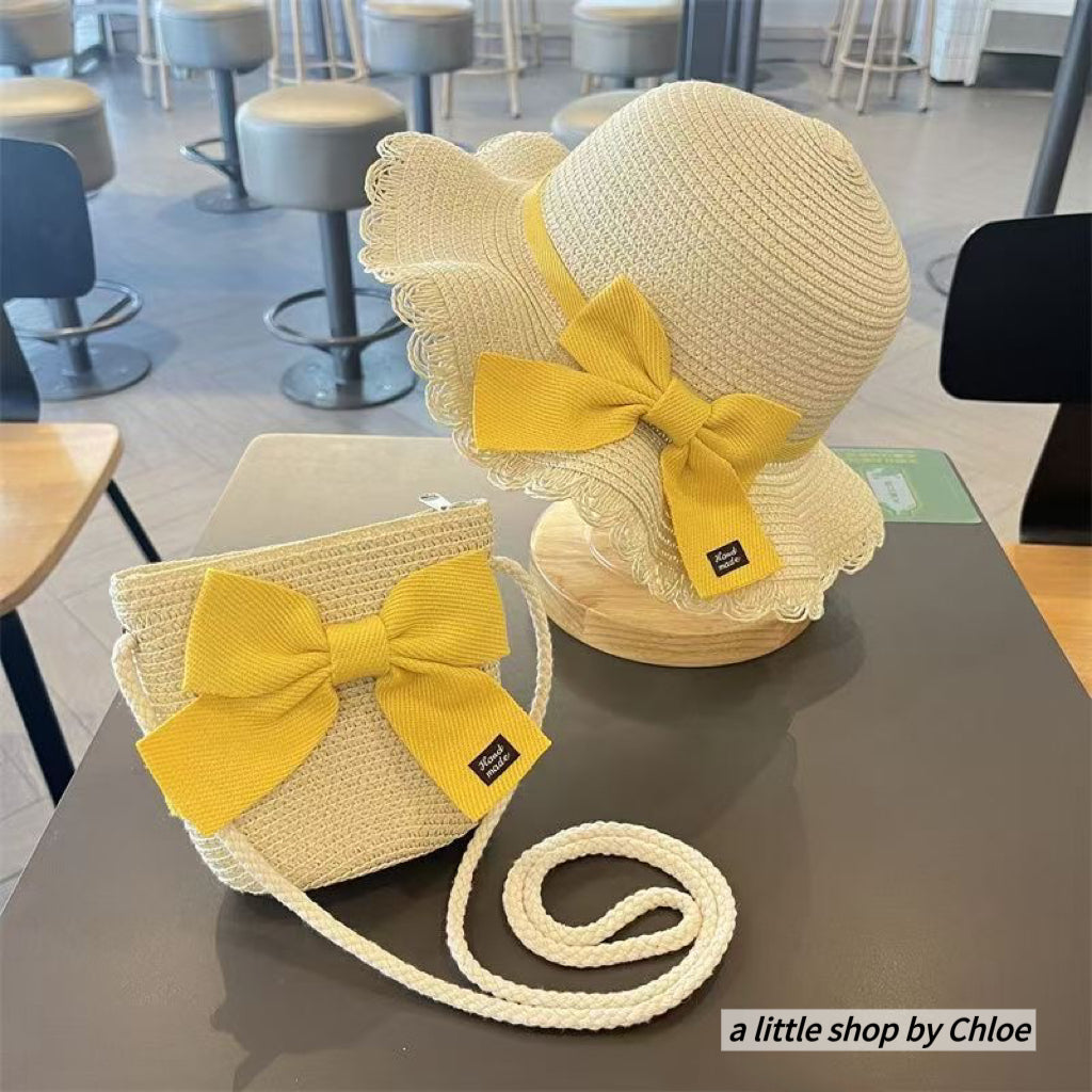 Lace Bow Straw Hat & Matching Bag Set for Girls – 1-5 Years, UPF Sun Protection (5 Colors) | Retail & Wholesale