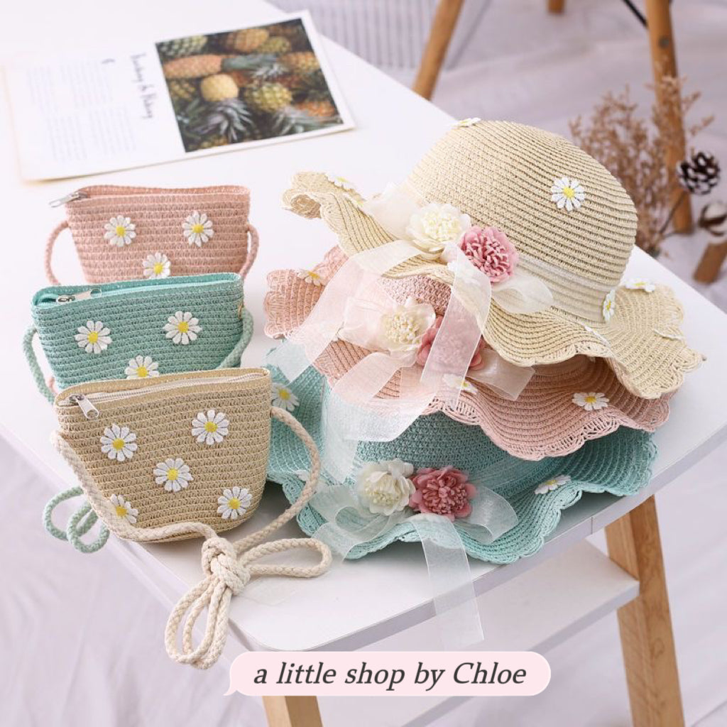 Lace Bow Straw Hat & Matching Bag Set for Girls – 1-5 Years, UPF Sun Protection (5 Colors) | Retail & Wholesale