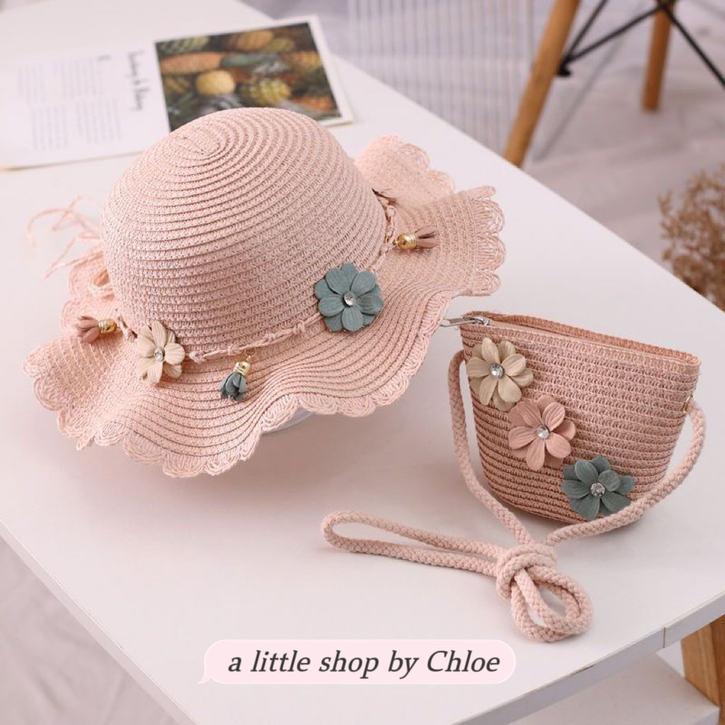 Lace Bow Straw Hat & Matching Bag Set for Girls – 1-5 Years, UPF Sun Protection (5 Colors) | Retail & Wholesale