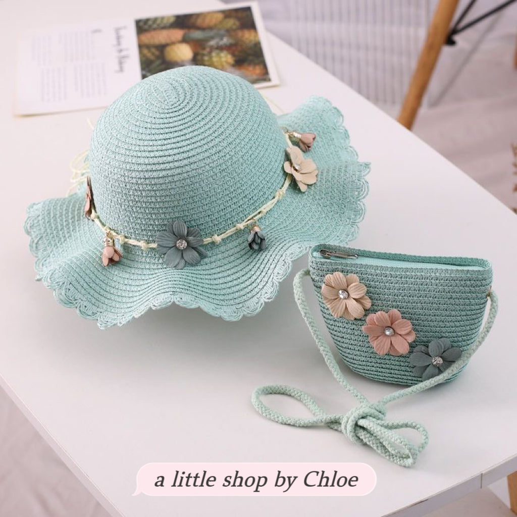 Lace Bow Straw Hat & Matching Bag Set for Girls – 1-5 Years, UPF Sun Protection (5 Colors) | Retail & Wholesale