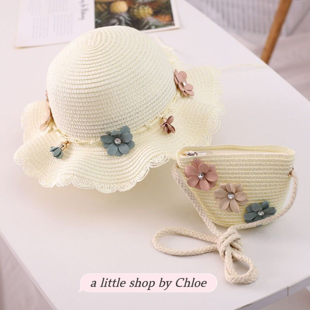 Lace Bow Straw Hat & Matching Bag Set for Girls – 1-5 Years, UPF Sun Protection (5 Colors) | Retail & Wholesale