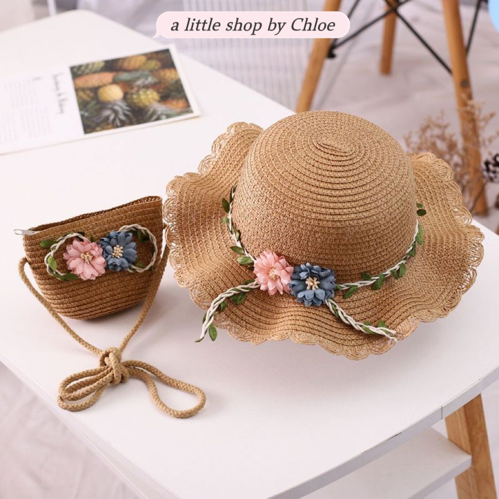 Lace Bow Straw Hat & Matching Bag Set for Girls – 1-5 Years, UPF Sun Protection (5 Colors) | Retail & Wholesale