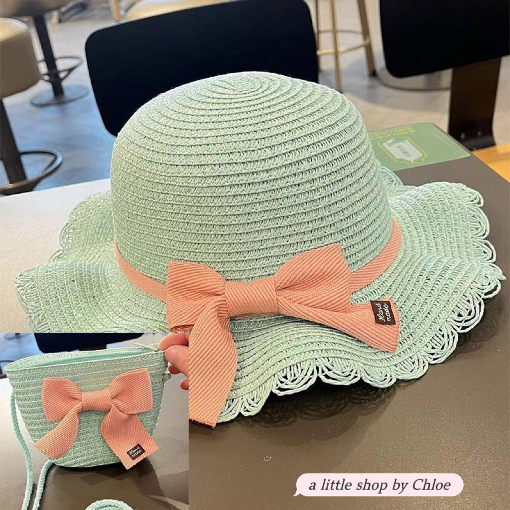 Lace Bow Straw Hat & Matching Bag Set for Girls – 1-5 Years, UPF Sun Protection (5 Colors) | Retail & Wholesale