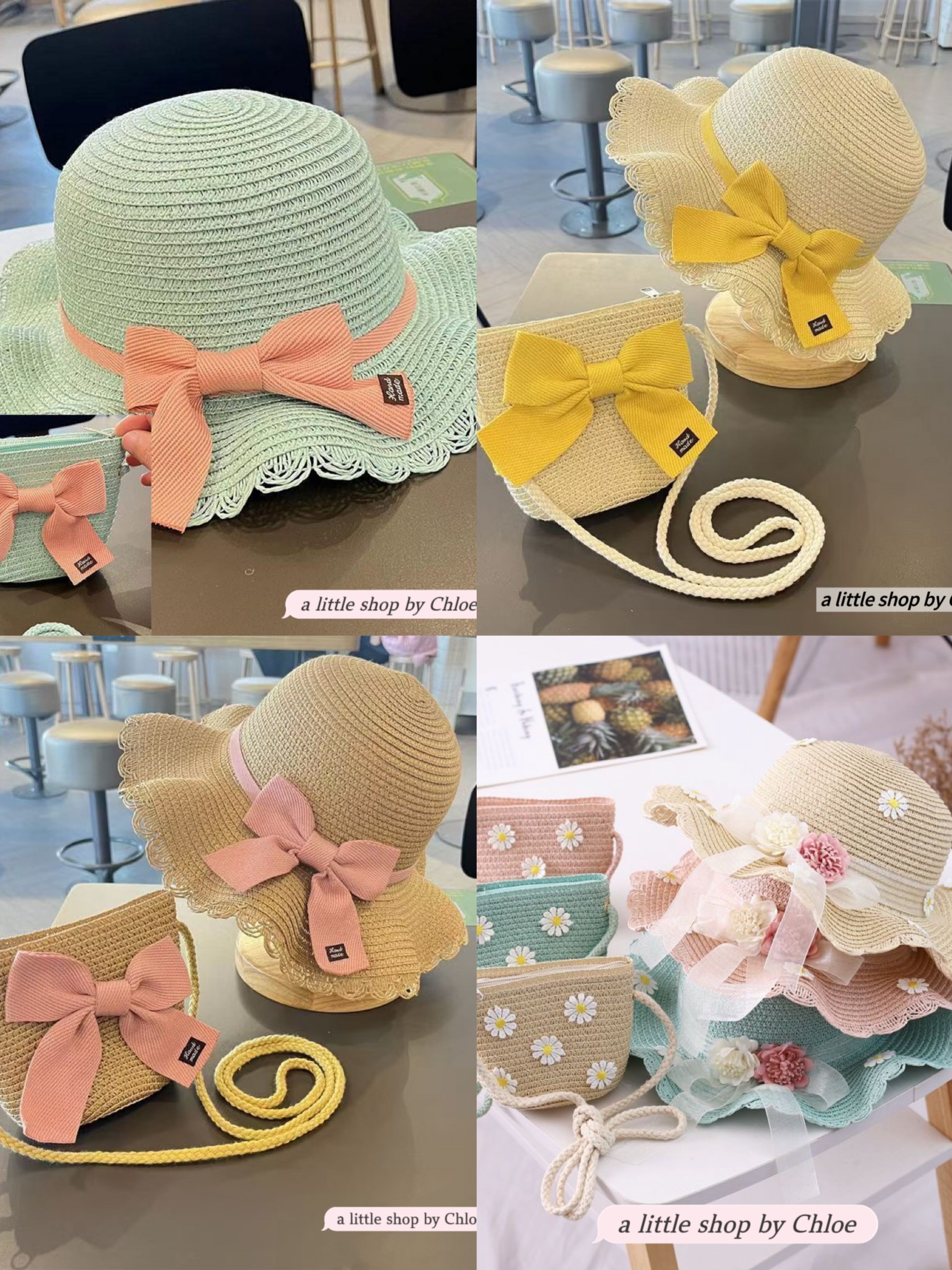 Lace Bow Straw Hat & Matching Bag Set for Girls – 1-5 Years, UPF Sun Protection (5 Colors) | Retail & Wholesale