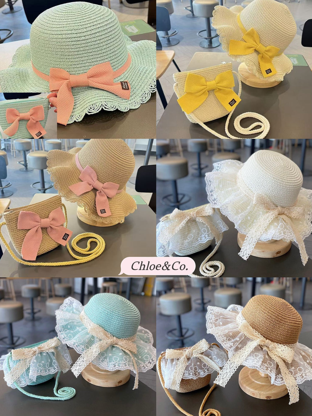 Lace Bow Straw Hat & Matching Bag Set for Girls – 1-5 Years, UPF Sun Protection (5 Colors) | Retail & Wholesale