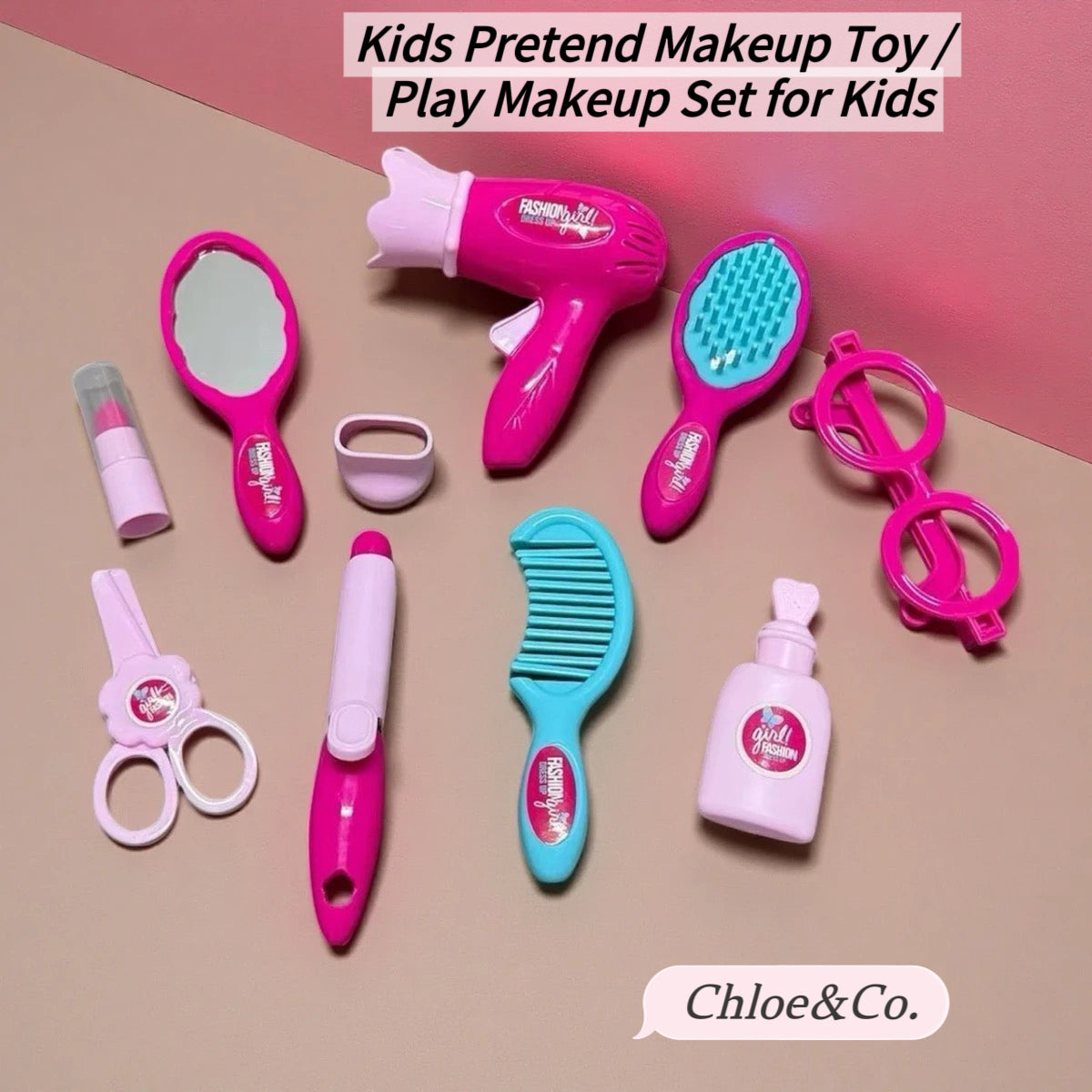 Kids Pretend Makeup Set – 11pcs Washable Play Cosmetics for Little Girls (Pink / Rose) | Retail & Wholesale