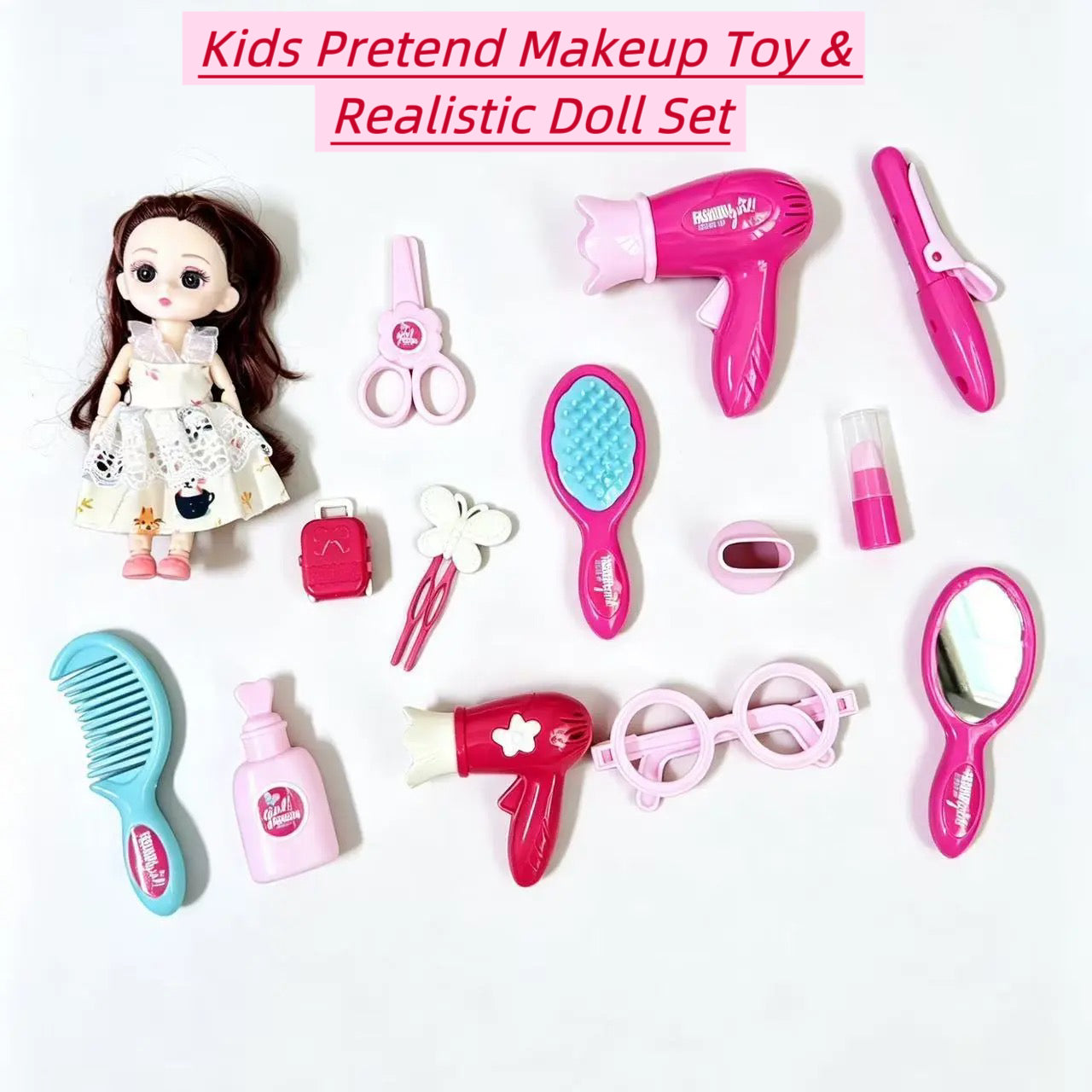 Kids Pretend Makeup Set – 11pcs Washable Play Cosmetics for Little Girls (Pink / Rose) | Retail & Wholesale