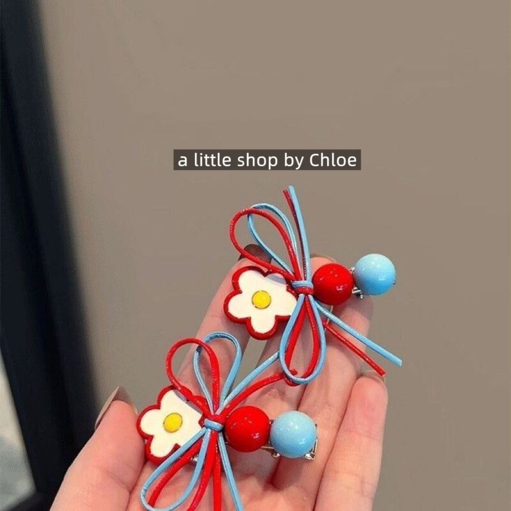 Red & Blue Contrast Hair Clips for Girls – Floral Bow & Bead Side Clips