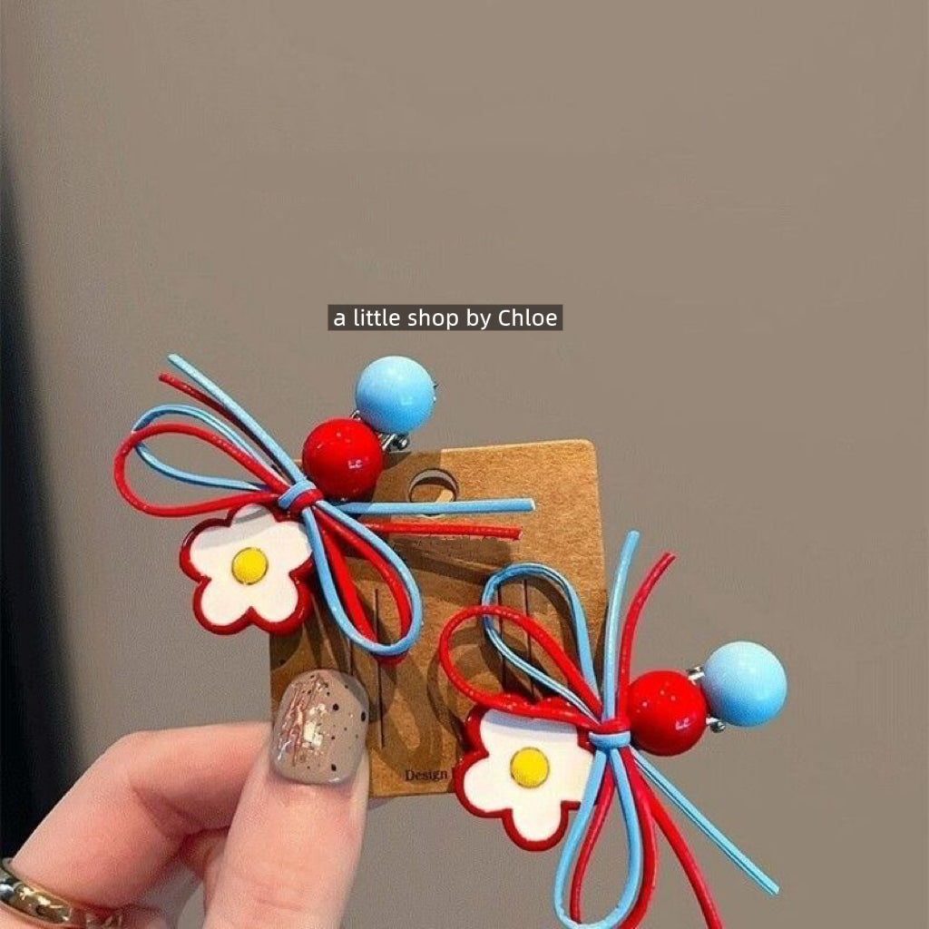 Red & Blue Contrast Hair Clips for Girls – Floral Bow & Bead Side Clips