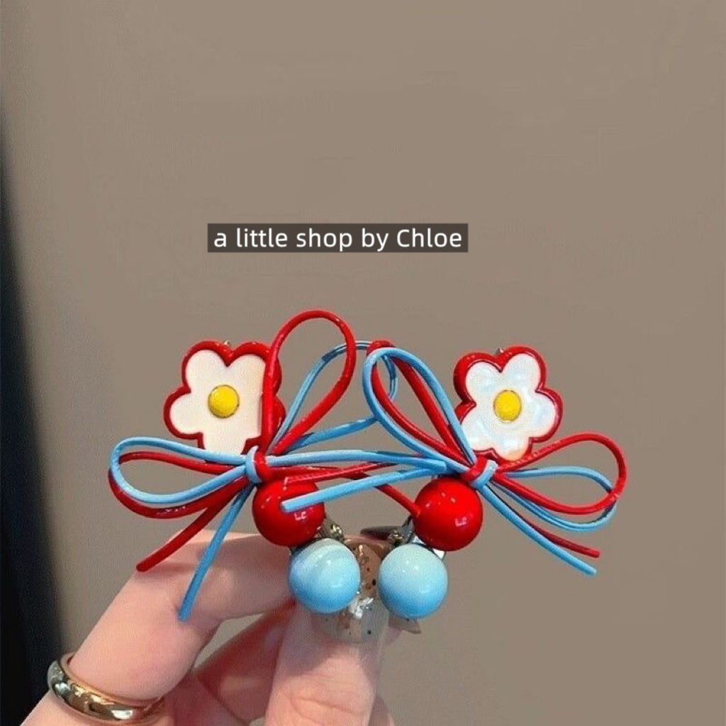 Red & Blue Contrast Hair Clips for Girls – Floral Bow & Bead Side Clips