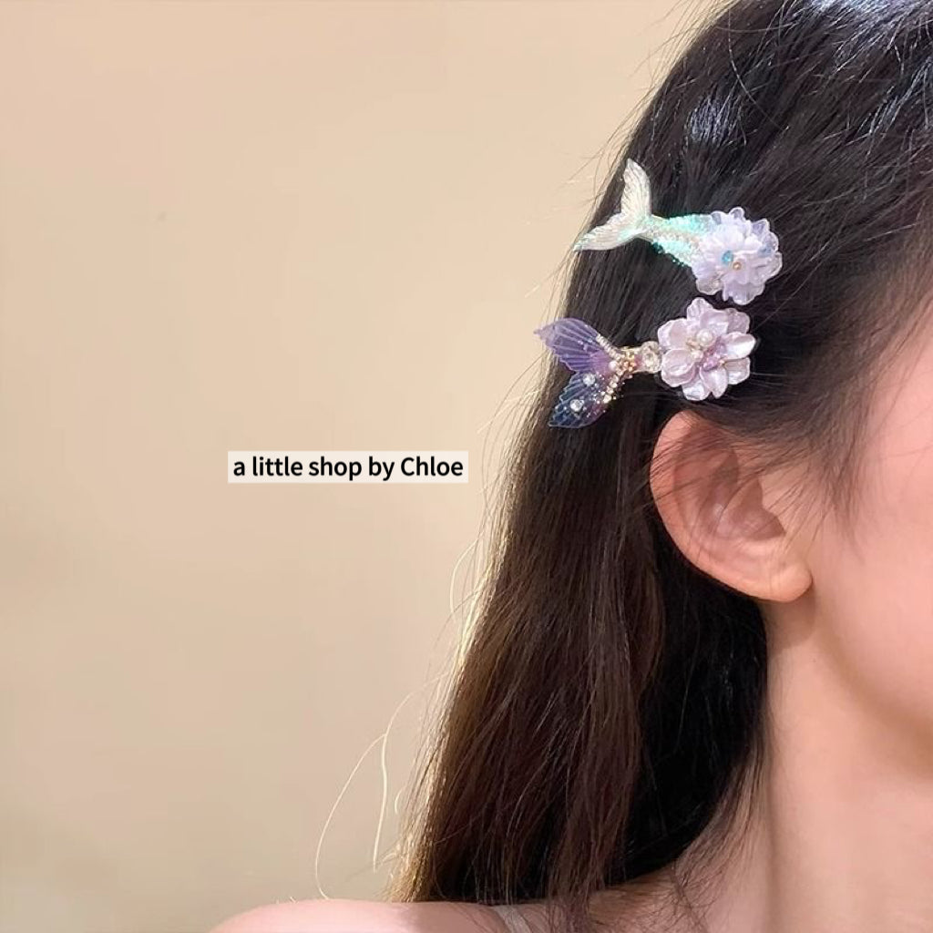 Mermaid Tail Hair Clips for Girls – Purple & Iridescent Crystal Barrettes for Fine Hair, Cute Alloy Claw Clips for Kids Ponytail, Birthday Gift