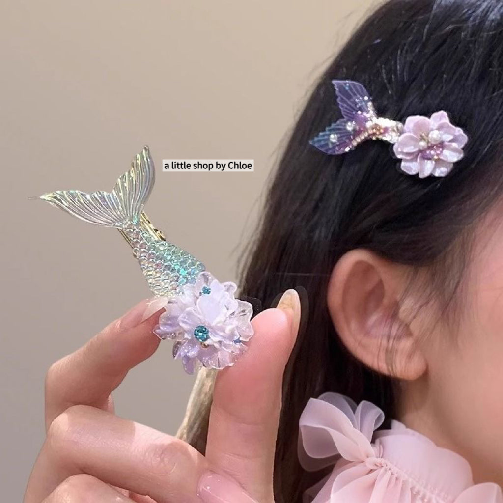 Mermaid Tail Hair Clips for Girls – Purple & Iridescent Crystal Barrettes for Fine Hair, Cute Alloy Claw Clips for Kids Ponytail, Birthday Gift