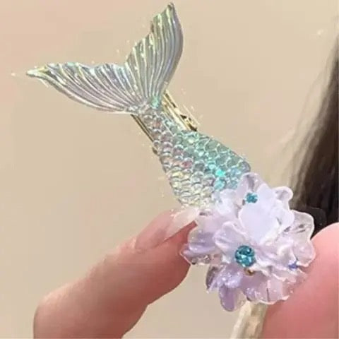 Mermaid Tail Hair Clips for Girls – Purple & Iridescent Crystal Barrettes for Fine Hair, Cute Alloy Claw Clips for Kids Ponytail, Birthday Gift