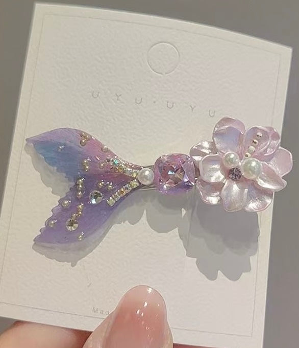 Mermaid Tail Hair Clips for Girls – Purple & Iridescent Crystal Barrettes for Fine Hair, Cute Alloy Claw Clips for Kids Ponytail, Birthday Gift