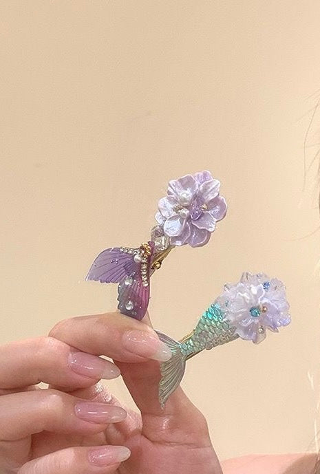Mermaid Tail Hair Clips for Girls – Purple & Iridescent Crystal Barrettes for Fine Hair, Cute Alloy Claw Clips for Kids Ponytail, Birthday Gift