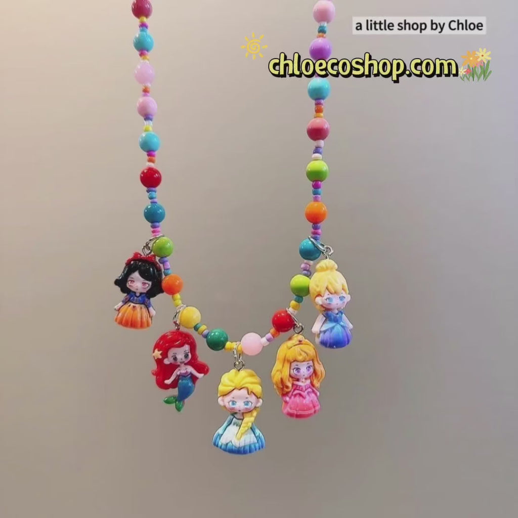 Princess Beaded Necklace for Girls – Cartoon Charm Pendant Kids Jewelry (3/6/9/18 Packs) | Retail & Wholesale