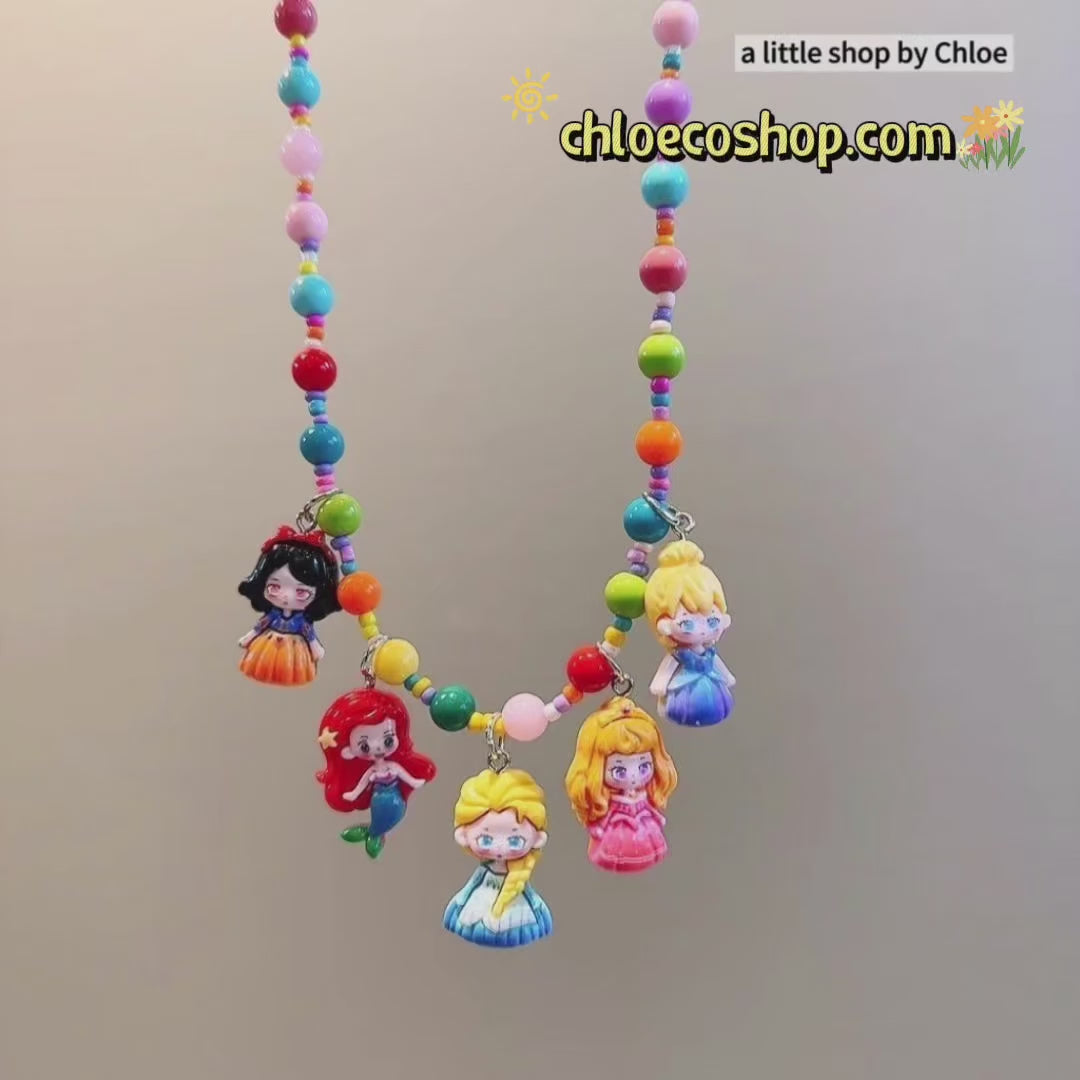 Princess Beaded Necklace for Girls – Cartoon Charm Pendant Kids Jewelry (3/6/9/18 Packs) | Retail & Wholesale