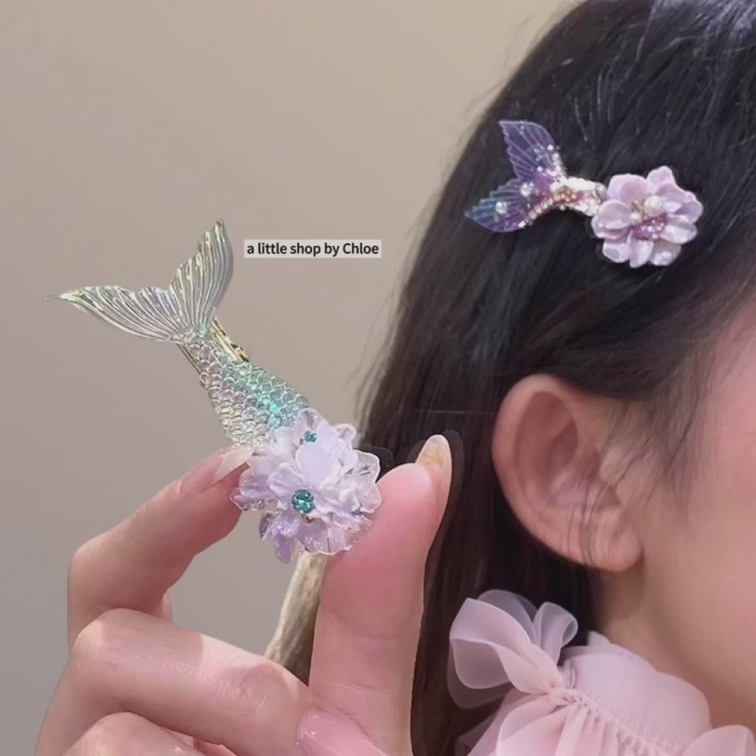 Mermaid Tail Hair Clips for Girls – Purple & Iridescent Crystal Barrettes for Fine Hair, Cute Alloy Claw Clips for Kids Ponytail, Birthday Gift