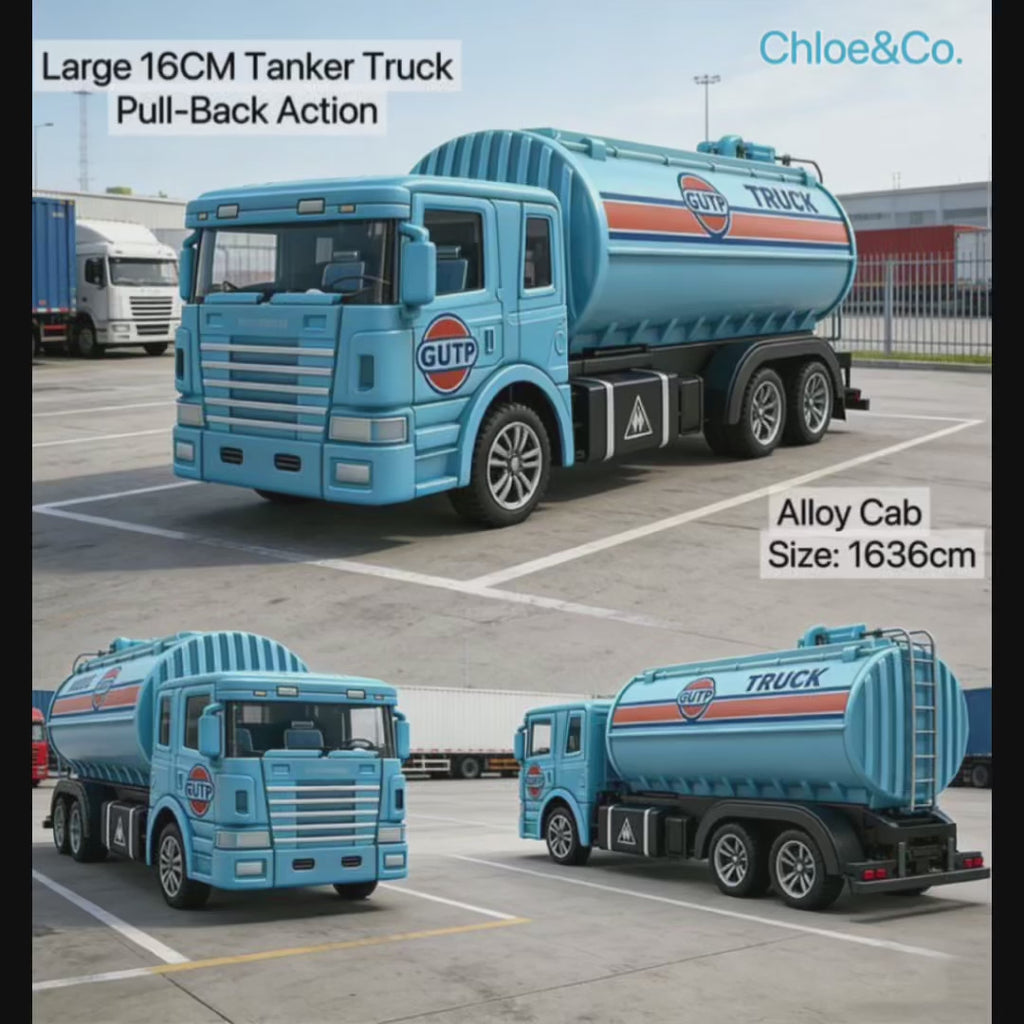 16CM Large Alloy Tanker Truck Pull-Back Toy for Kids – Friction Powered, No Battery Needed, Durable Metal Vehicle