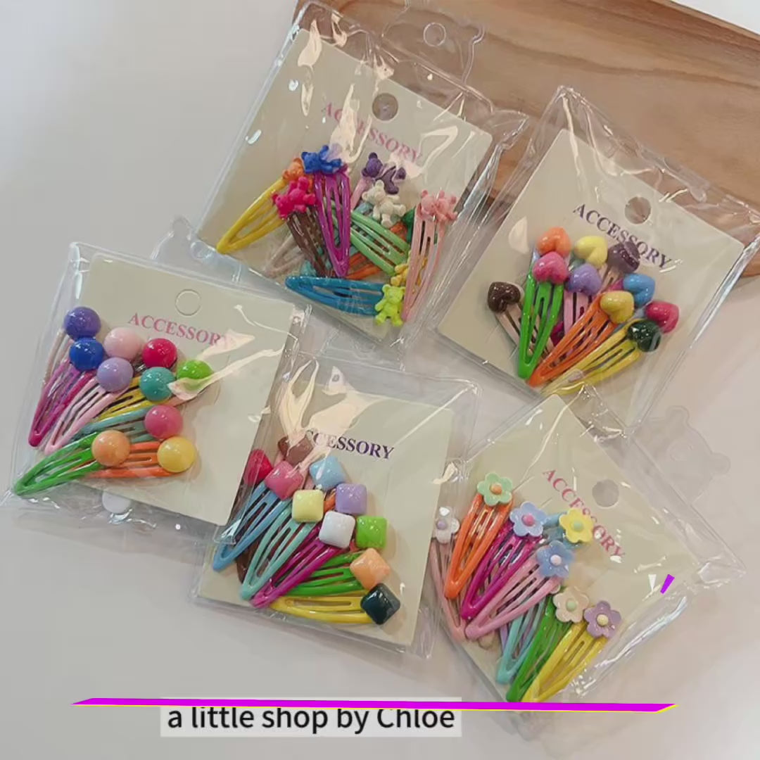 Kids Hair Clips – 10pcs per Bag, Cute Resin / Acrylic Designs (1/5/10 Bags) | Retail & Wholesale – Bulk Pricing Available